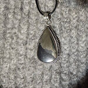 Apache goldstone, gemstone teardrop, pendant, 925 silver plate, black cord, new
